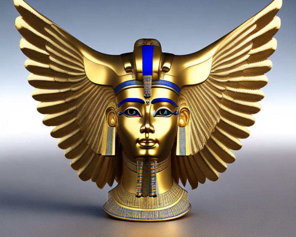 Detailed 3D rendering of golden Egyptian winged pharaoh's mask