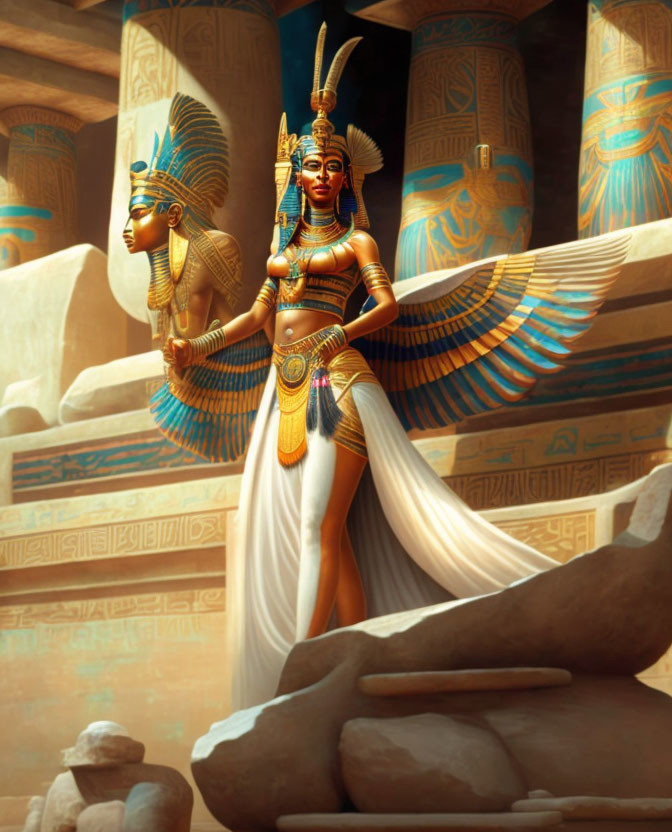 Ancient Egyptian goddess with wings and statues in traditional attire