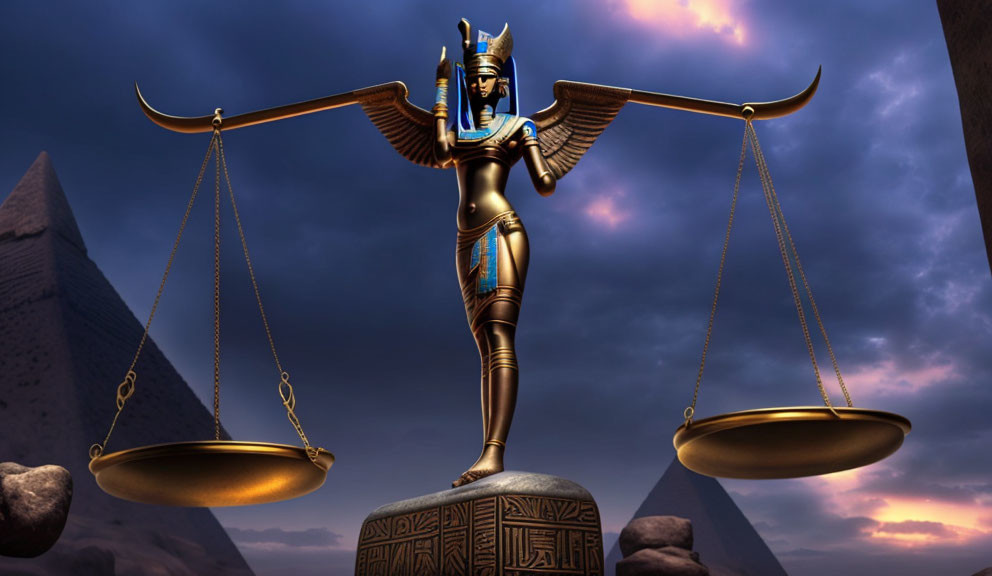 Digital artwork of Maat-like figure with balance scales, pyramids, and dusky sky