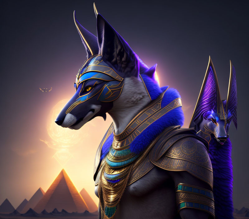 Stylized 3D rendering of Anubis in ornate armor with jackal head