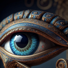 Detailed digital artwork of stylized eye with intricate patterns and peacock feather pendant