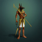 Golden Anubis 3D illustration in royal attire with scepter and sword