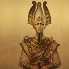 Egyptian Deity with Golden Headdress and Pyramids in Desert