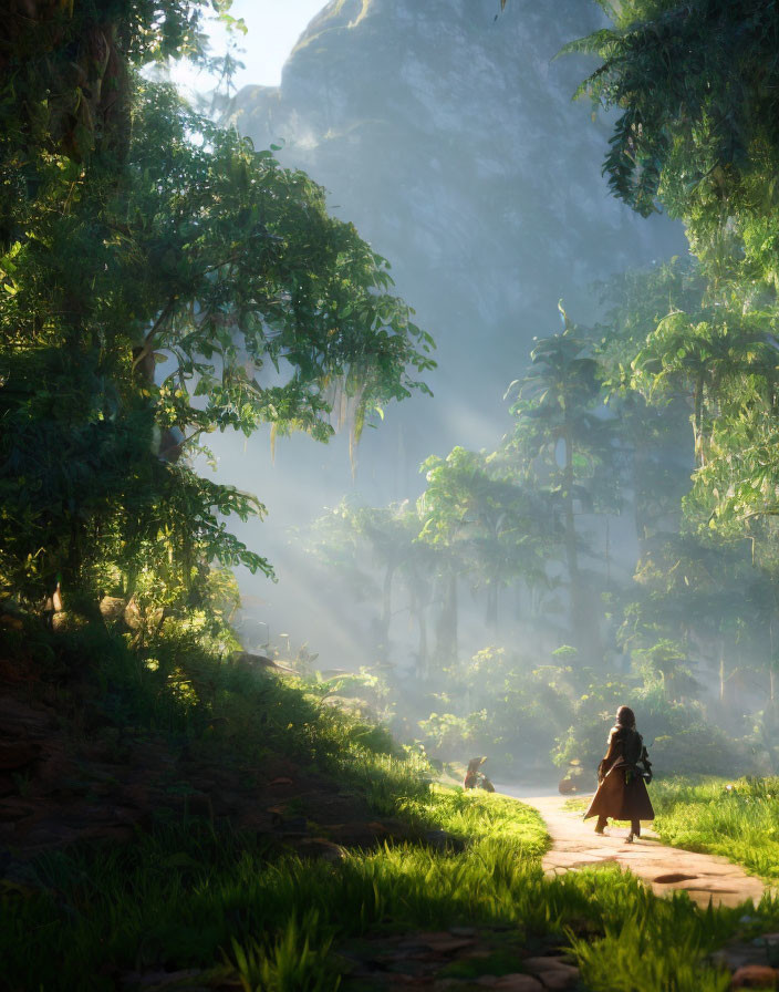 Cloaked figure and dog on forest path with towering trees and morning mist.