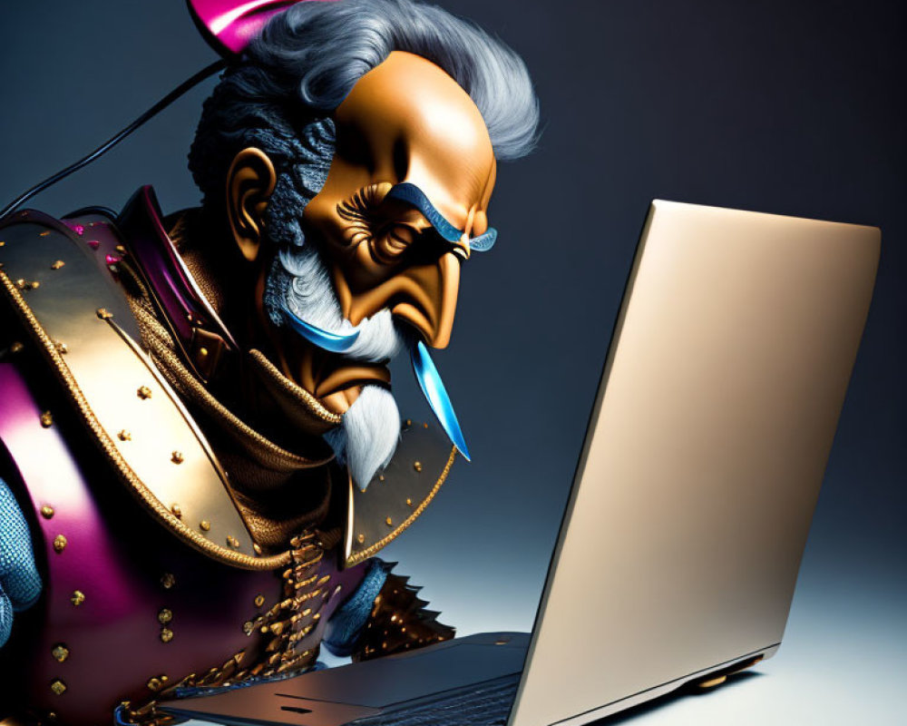 Stylized animated samurai with grey topknot using modern laptop