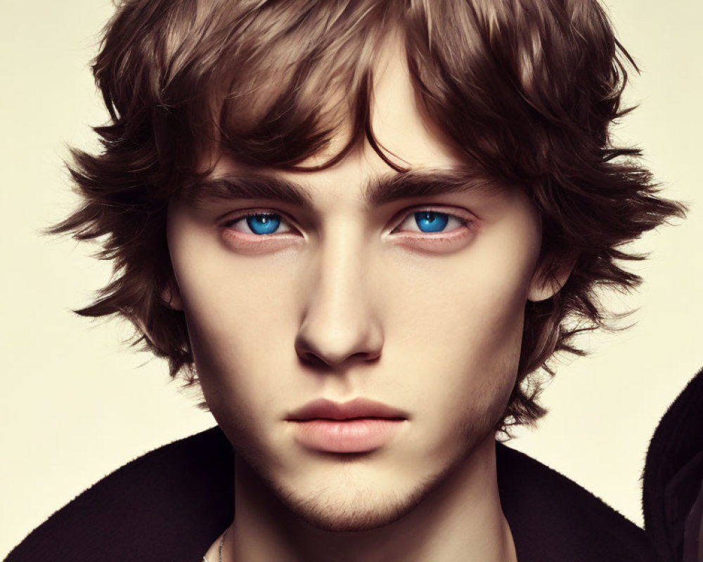 Young man with tousled brown hair and blue eyes in black jacket.