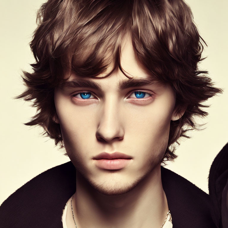 Young man with tousled brown hair and blue eyes in black jacket.