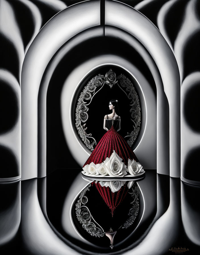 Woman in red and black gown in surreal mirrored hallway with floral patterns