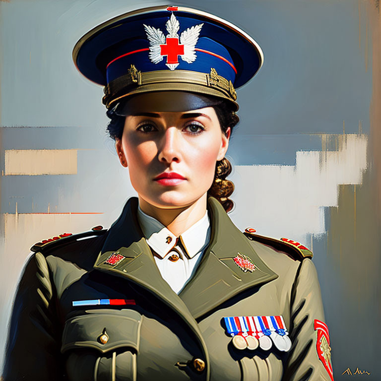 Digital portrait of woman in military uniform with medals and peaked cap on stylized background