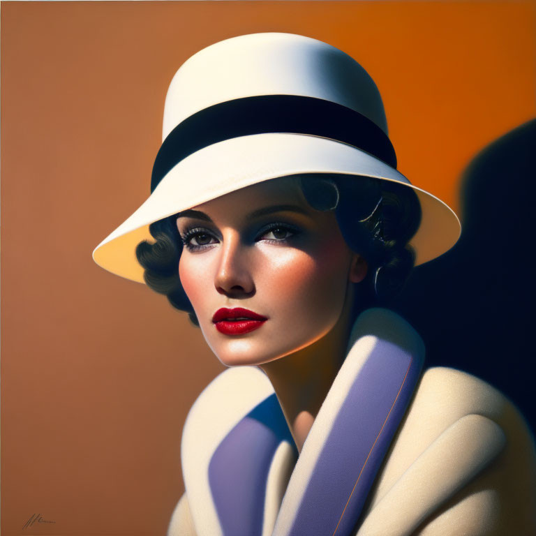 Illustrated portrait of woman with 1930s hairstyle and brimmed hat, shadow on face
