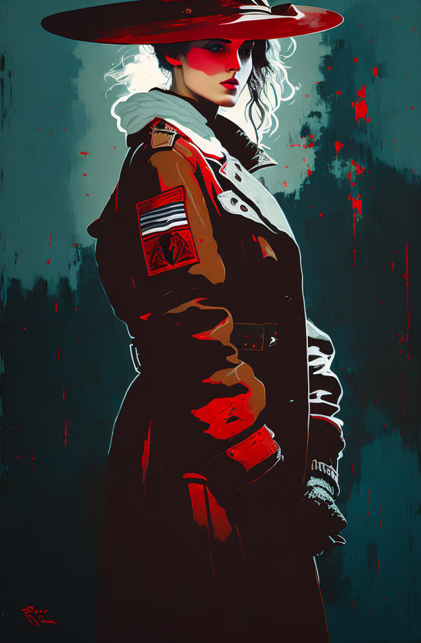 Digital art: Woman in red military coat with wide-brimmed hat