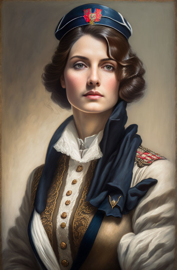 Vintage military uniform portrait of confident woman in cap and scarf