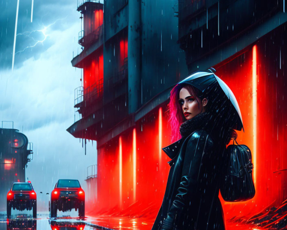 Person in Hooded Jacket Stands on Rain-Soaked Street with Neon Lights