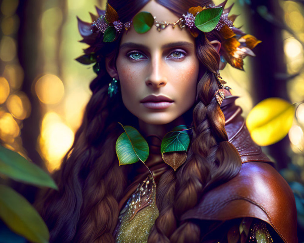 Woman adorned with leaf motifs in magical forest setting