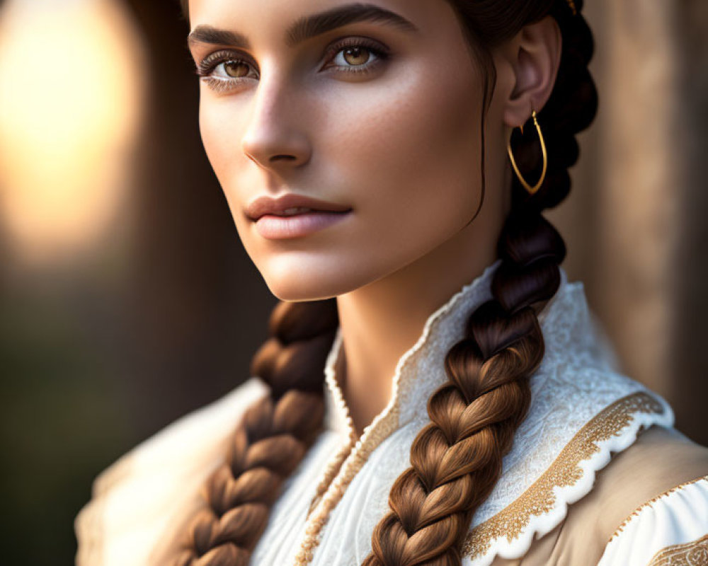 Braided hair woman in traditional attire under soft light in archway