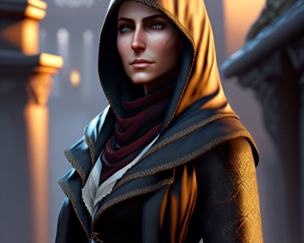 Digital artwork of a woman with blue eyes in hooded cloak with golden patterns against architectural backdrop