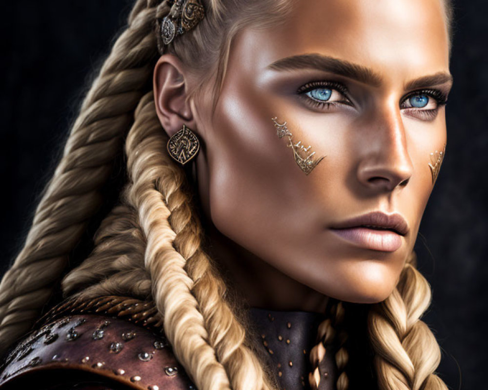 Elaborate Braided Woman in Leather Armor and Face Jewelry