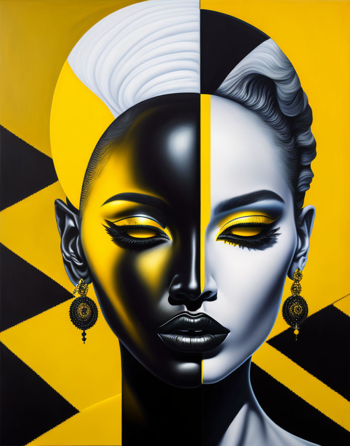 Split portrait of white and black women against striped background