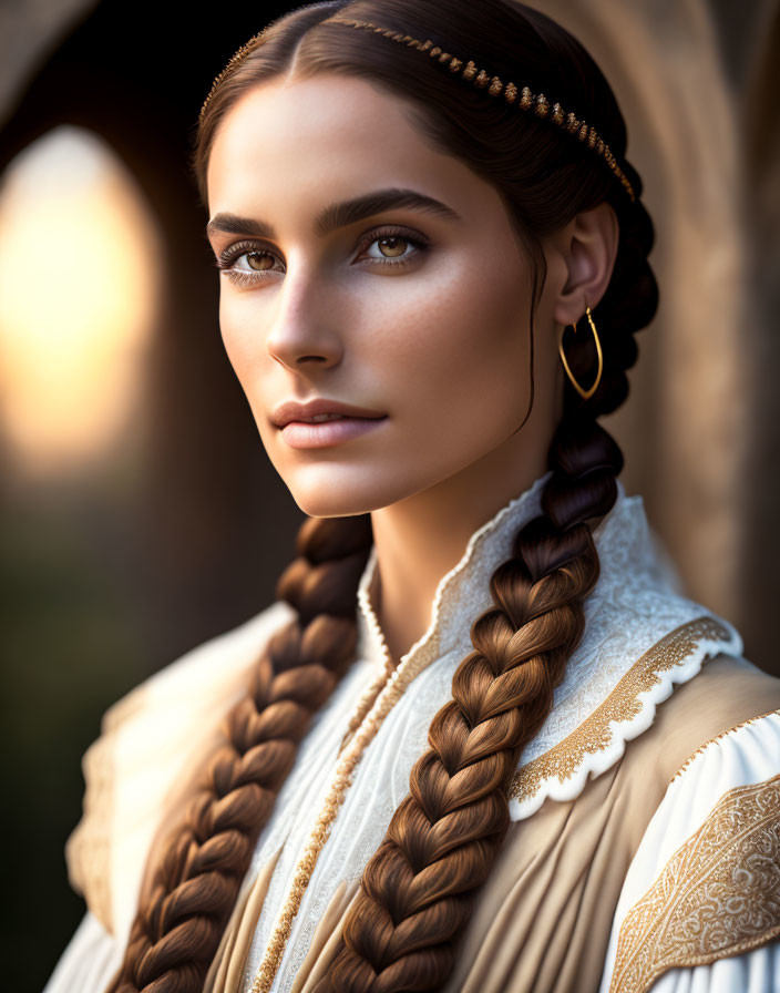 Braided hair woman in traditional attire under soft light in archway
