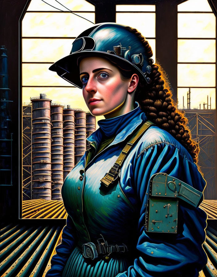 Woman in Industrial-Themed Attire with Hard Hat and Factory Backdrop