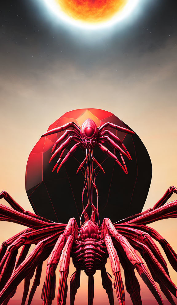 Red futuristic mechanical spider under red sky with eclipsed sun