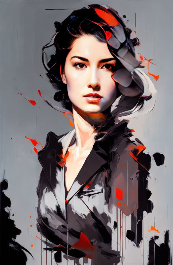 Abstract black, white, and red portrait with expressive brush strokes