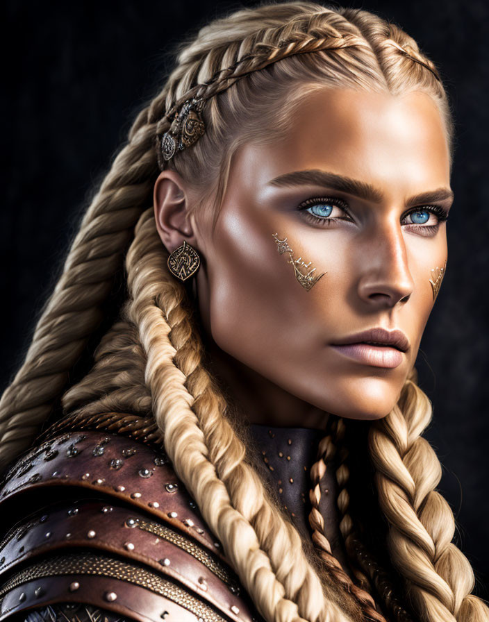 Elaborate Braided Woman in Leather Armor and Face Jewelry