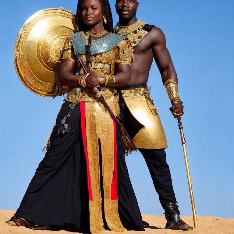 Two individuals in golden and black warrior attire with shield and spear under clear blue sky.