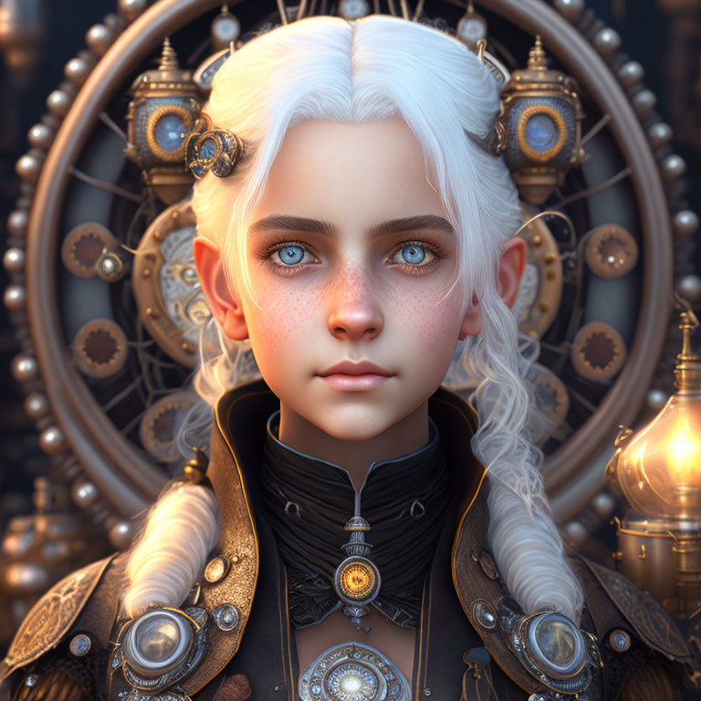 Character with White Hair and Blue Eyes in Steampunk Setting