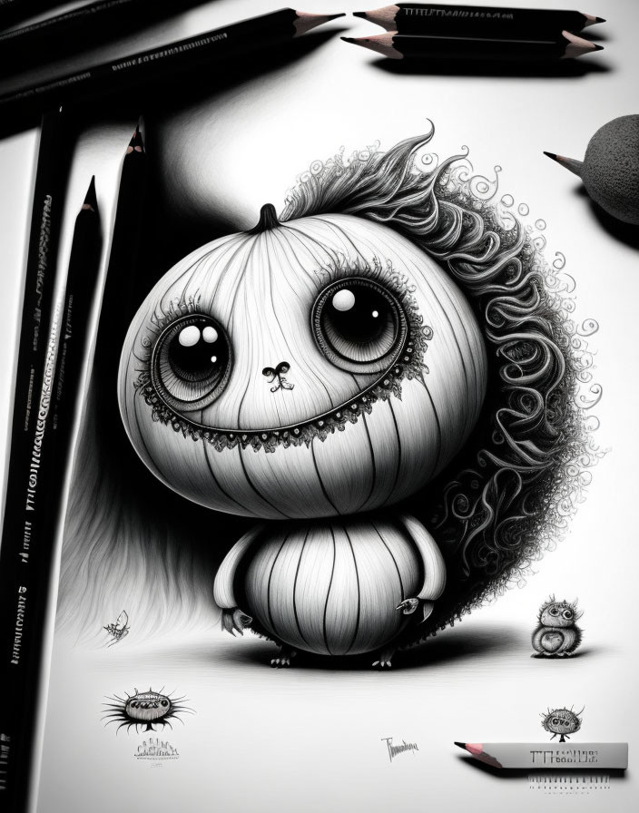 Detailed Illustration of Big-Eyed Fluffy Creature with Elaborate Patterns and Drawing Penc
