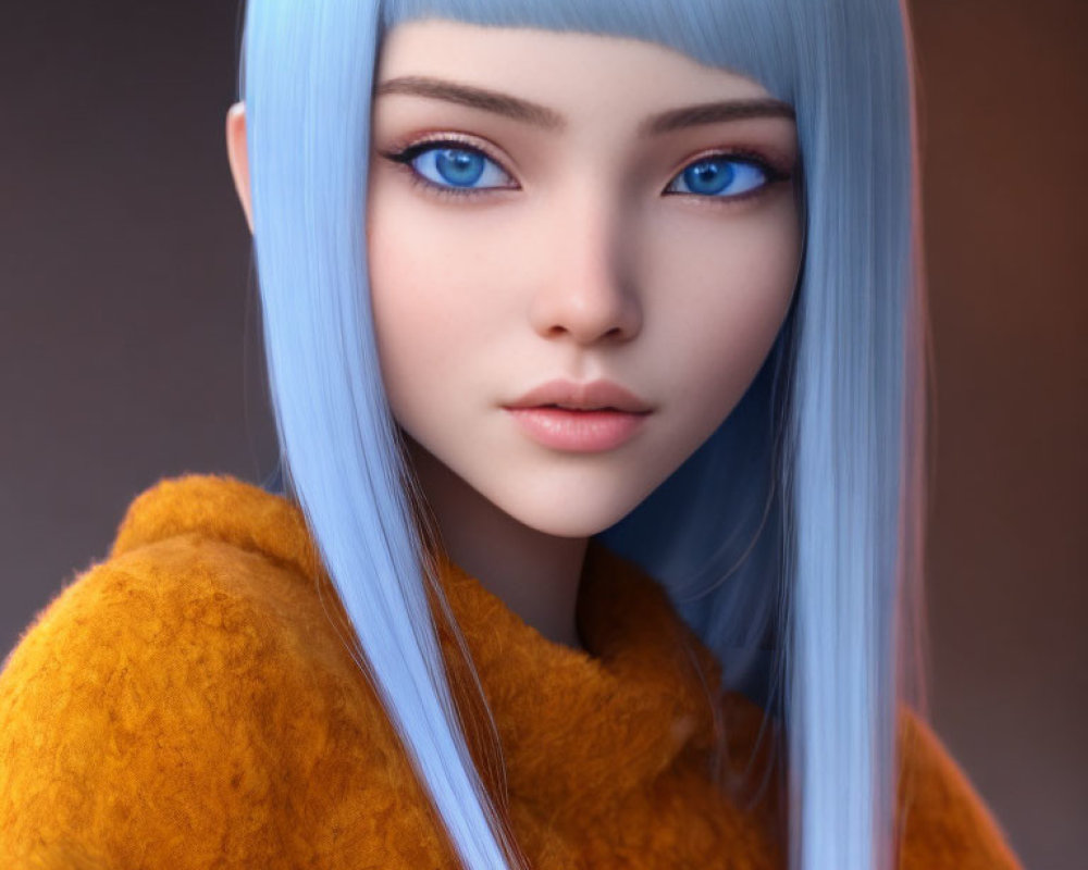 Digital portrait of female character with blue eyes, pale skin, and long blue hair in orange garment