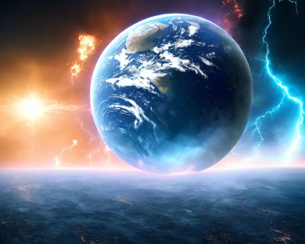 Vibrant cosmic scene: Earth, fiery sun, lightning, dark space