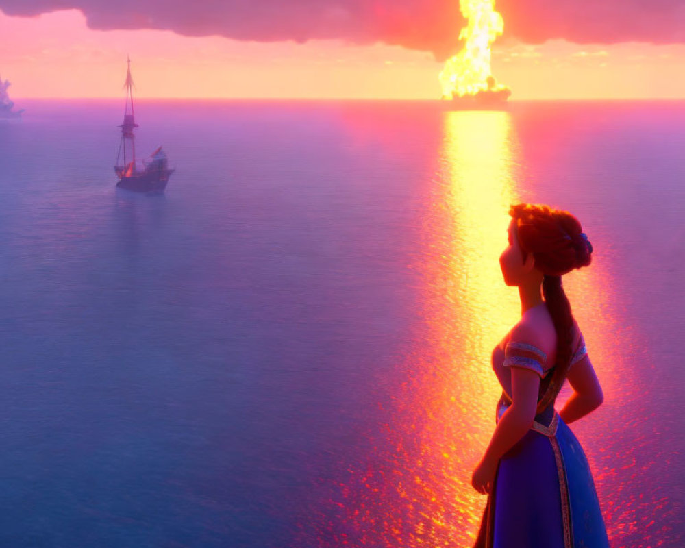 Blue-dressed animated character watches sea volcanic eruption at sunset with ships nearby