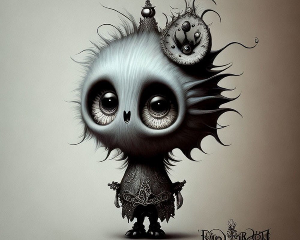 Illustration of whimsical creature with large eyes and steampunk hat