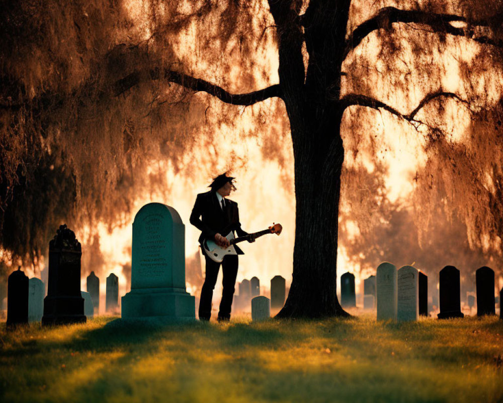 Silhouetted figure playing guitar near tree at sunset among tombstones