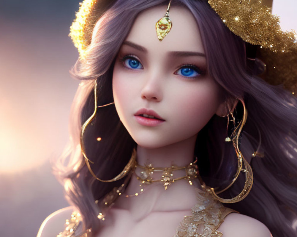 Digital portrait of female character with blue eyes, golden jewelry, and headdress on soft-focus background
