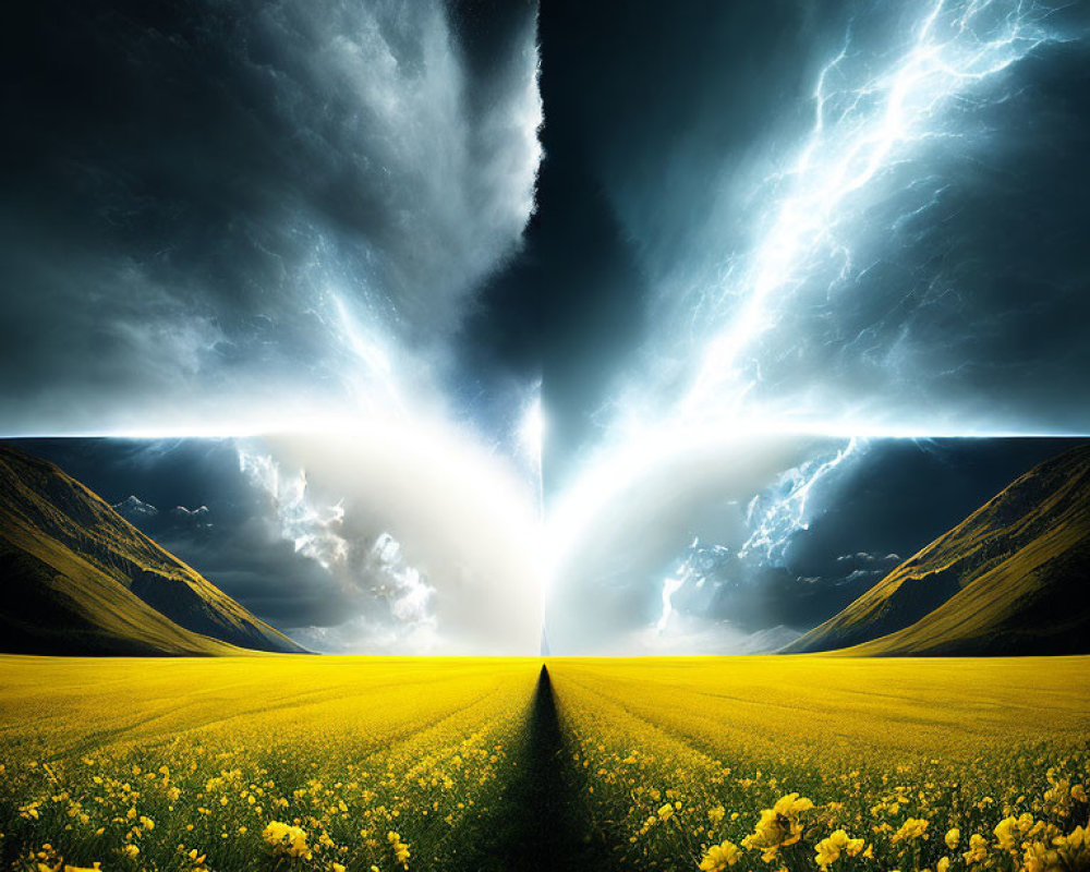 Symmetrical digital artwork of vibrant yellow flower field under dramatic sky