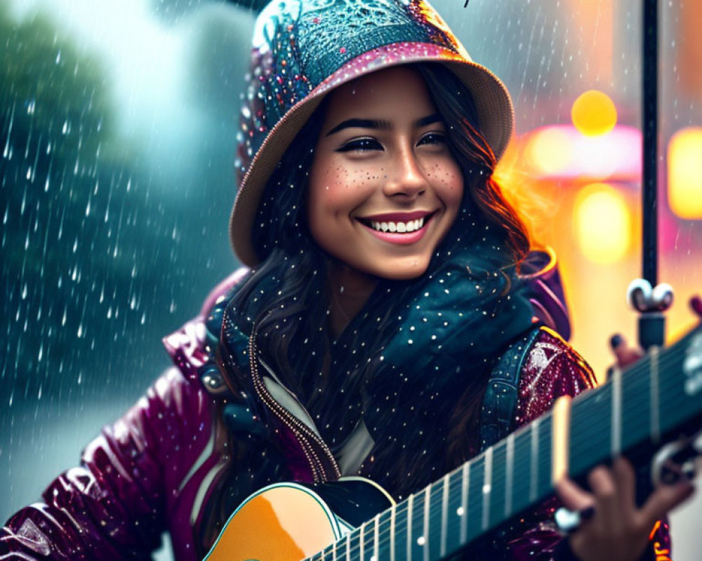 Smiling woman with guitar under umbrella in snowfall