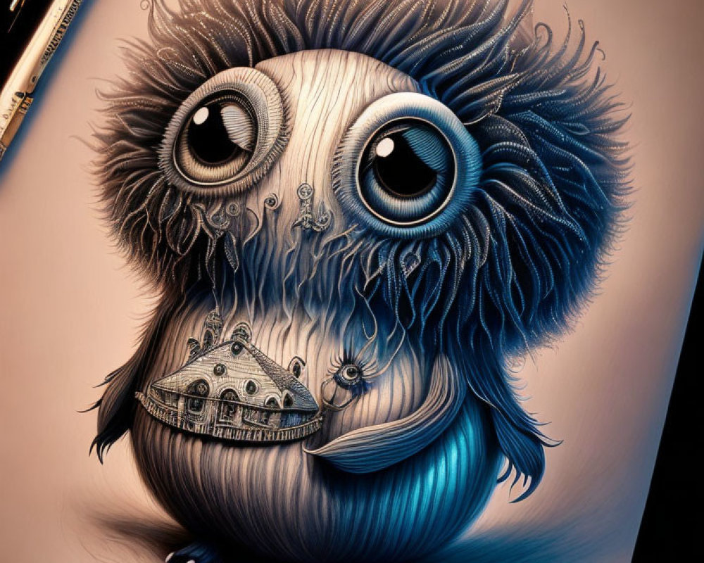 Whimsical creature with large eyes and fluffy fur in blue and black illustration