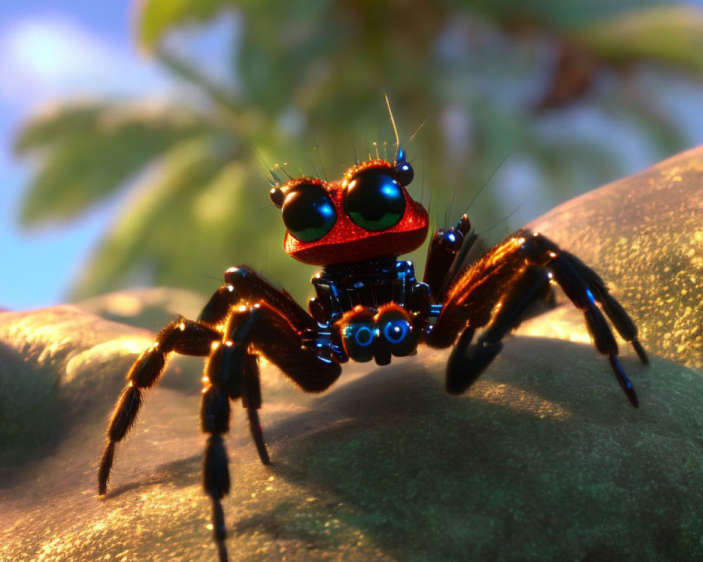 Shiny red animated jumping spider with green eyes on rock in soft lighting