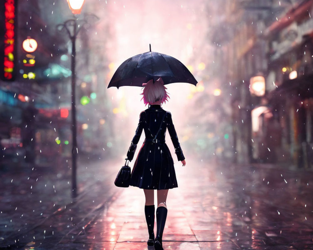 Pink-haired person with umbrella in rainy city street at night