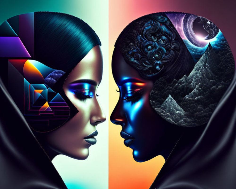 Stylized Profile Faces with Neon Light and Shadow in Geometric and Organic Design