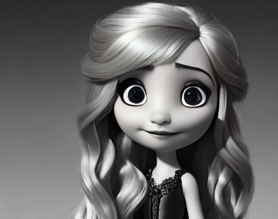 Monochromatic illustration of stylized animated girl with large eyes and flowing hair