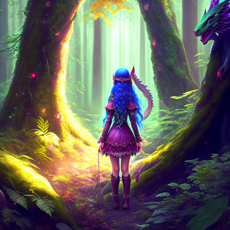 Female warrior with blue hair in mystical forest encounters hidden green dragon