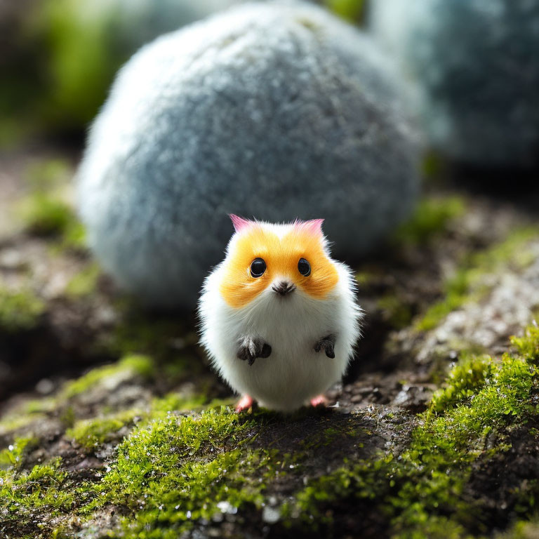 Small, Plump, Furry Creature with Orange and White Face on Mossy Surface