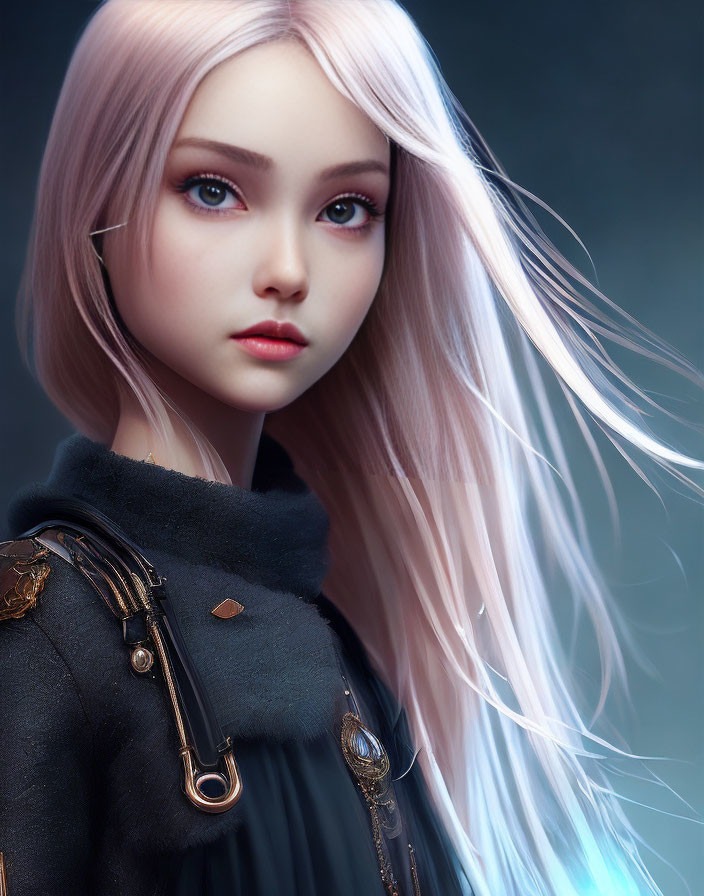 Digital artwork featuring girl with long pinkish-white hair, large eyes, fair skin, dark coat with