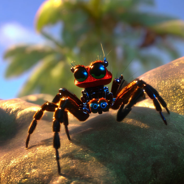 Shiny red animated jumping spider with green eyes on rock in soft lighting