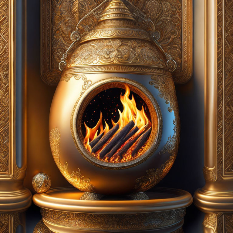 Golden Fireplace with Intricate Designs and Spherical Shape