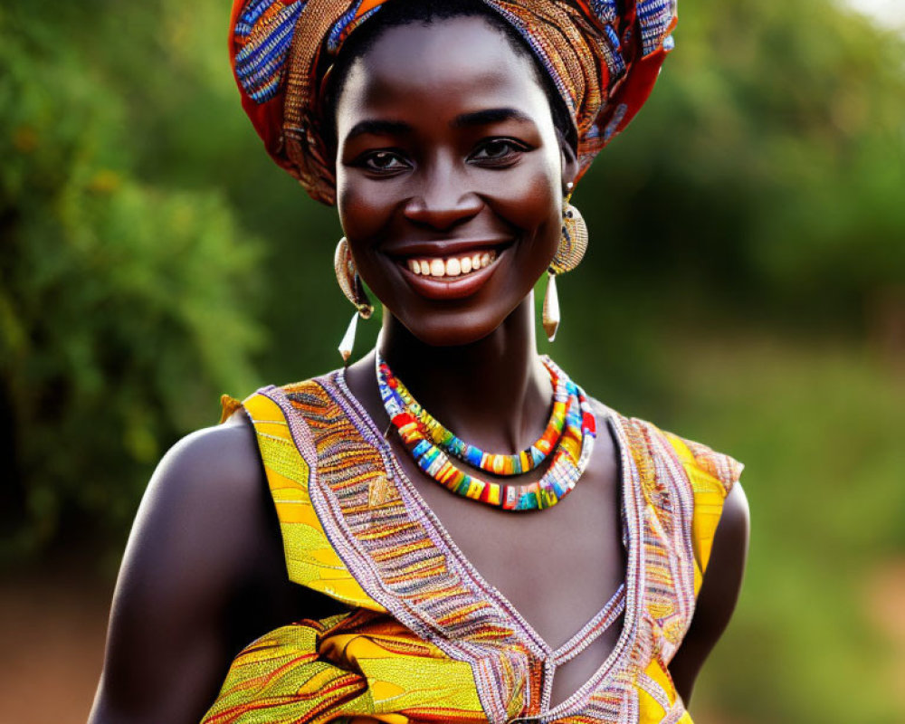Smiling woman in colorful headwrap and African attire amidst greenery