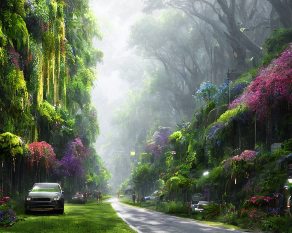 Tranquil tree-lined road with colorful plants and car in soft sunlight